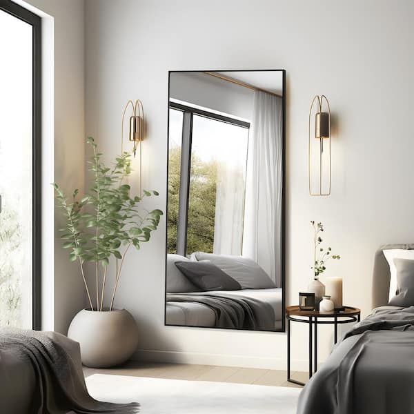 Lirago 28 in. W x 59 in. H Rectangular Metal Framed Full Length Wall Mirror Free Standing Mirror in Black