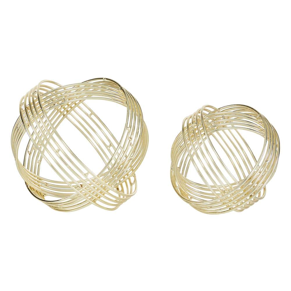 Elegant Gold Geometric Metal Orb Sculptures, Set of 2