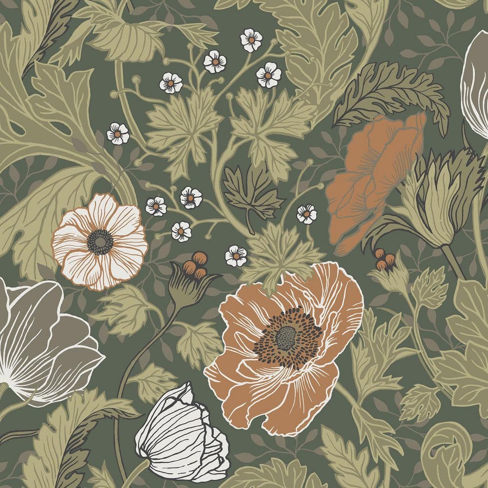 Green and Light Brown Floral Removable Wallpaper Roll