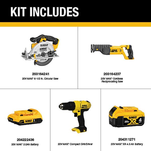 20V MAX Cordless 4 Tool Combo Kit with (1) 20V 4.0Ah Battery, (1) 20V 2.0Ah Battery, and Charger