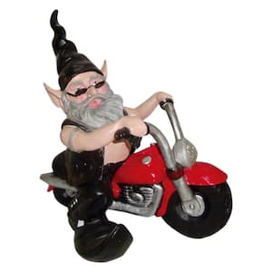 12 in. H Biker Dude The Biker Gnome in Leather Motorcycle Gear Riding His Red Bike Home and Garden Gnome Statue