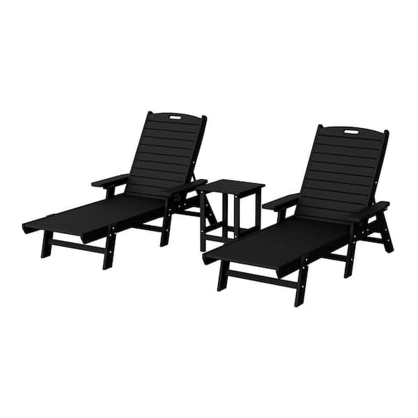 Harlo 3-Piece Black Fade Resistant HDPE Plastic Reclining Outdoor Patio Chaise Lounge Arm Chair and Table Set