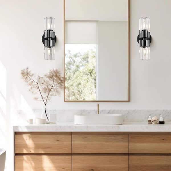 13 in. 2 Light Black Wall Sconce with K9 Crystal Lampshade, Luxury Wall Light for Bedroom, Dining Room, Living Room