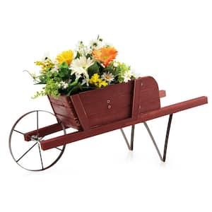 27.5 in. x 10.5 in. x 11.5 in. Wooden Wagon Planter with 9 Magnetic Accessories for Garden Yard, Red