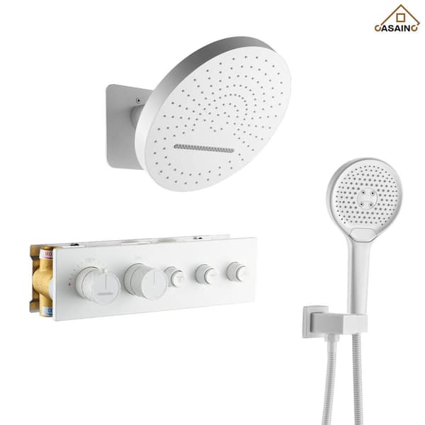 CASAINC 5-Spray Dual Shower Head 16 in. Round Wall Mount Fixed and Handheld Shower Head 2.5 GPM Thermostatic in Matte White