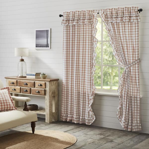 VHC BRANDS Annie Buffalo Check 40 in W x 84 in L Ruffled Light Filtering Rod Pocket Window Panel in Portabella White Pair