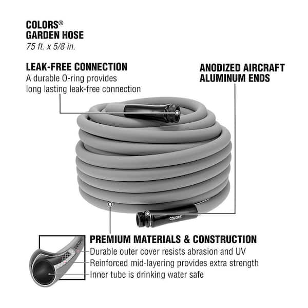 Colors Series 5/8 in. x 75 ft. 3/4 in. 11-1/2 GHT Fittings Garden Hose with Standard Grip in Slate Gray