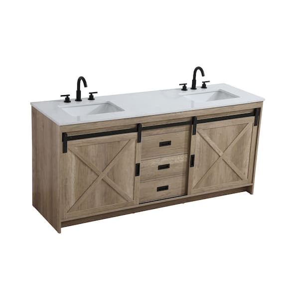 72 in. Double Sink Natural Oak Bath Vanity with White Engineered Marble Top