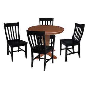 Aria Distressed Oak/Black Solid Wood 36 in Round Top Pedestal Dining Table Set with 4 Cafe Chairs, Seats 4