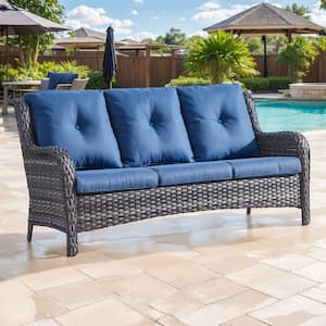 3-Seat Gray PE Wicker Outdoor Couch with Blue Cushions and Curved Arm Design