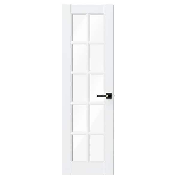 TENONER 24 in. x 80 in. Composite, MDF, 10-Lite, Clear Glass, Primed, White Interior Door Slab Black Lever Handle