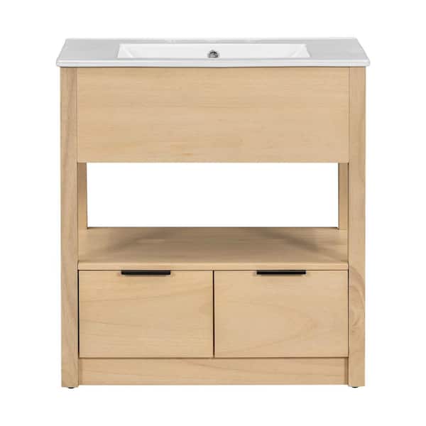 JimsMaison 30 in. W x 18 in. D x 33 in. H Single Sink Freestanding Bath Vanity in Natural with White Ceramic Top