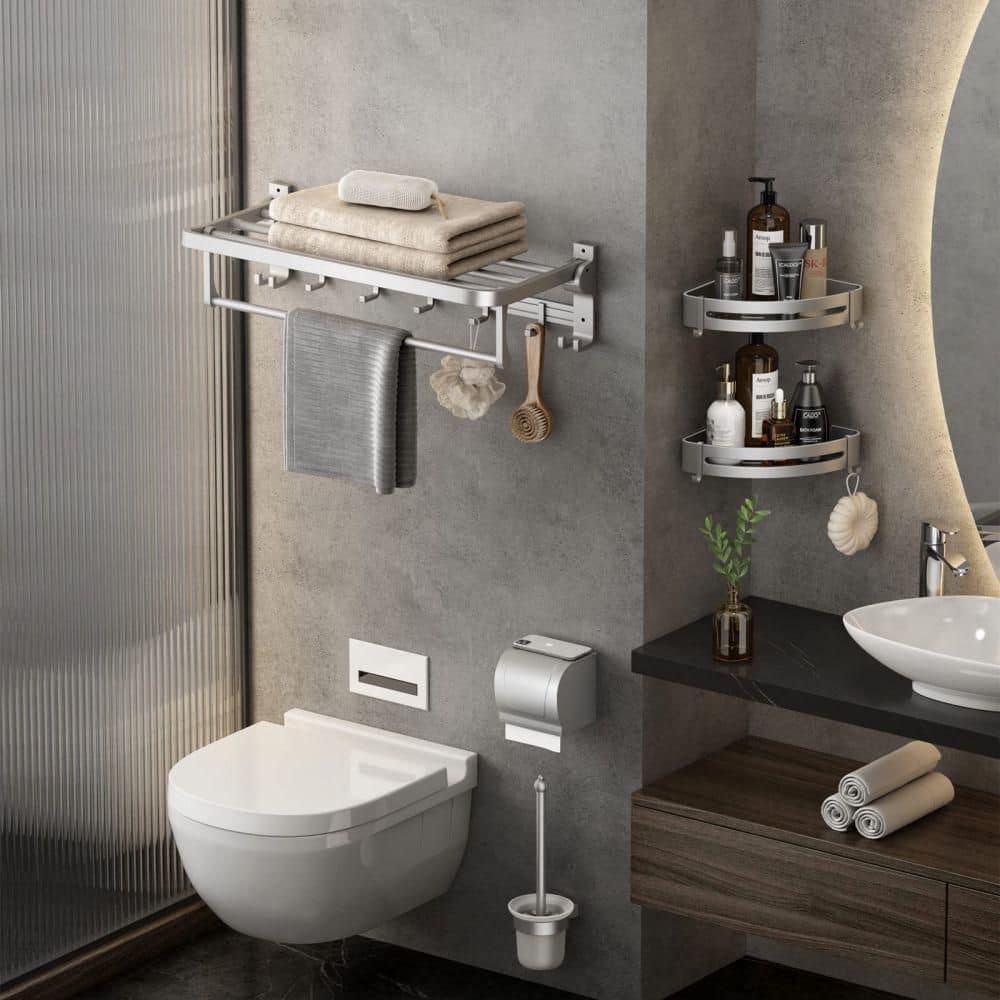 Silver Wall-Mounted Foldable Towel Rack with Hooks