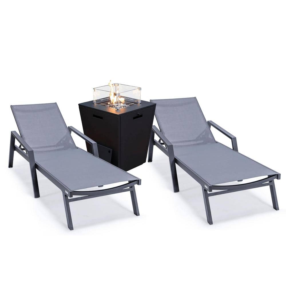 Marlin Black Aluminum Chaise Lounge Chairs with Fire Pit Table Set