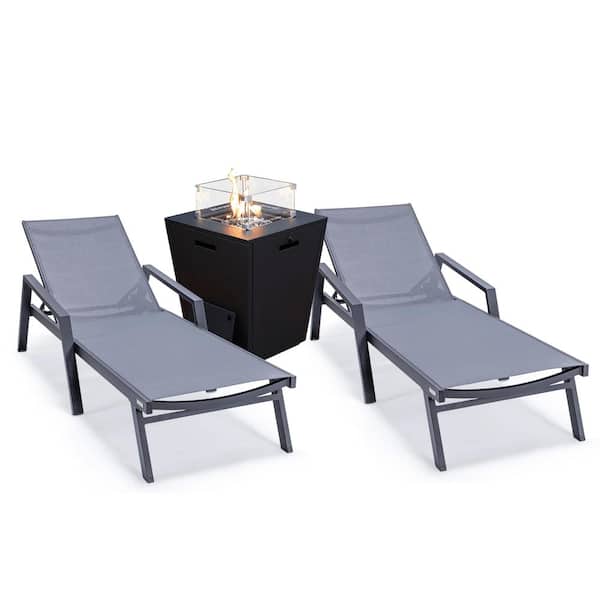Leisuremod Marlin Modern Black Aluminum Outdoor Chaise Lounge Chair With Arms Set of 2 and Fire Pit Table, Dark Grey