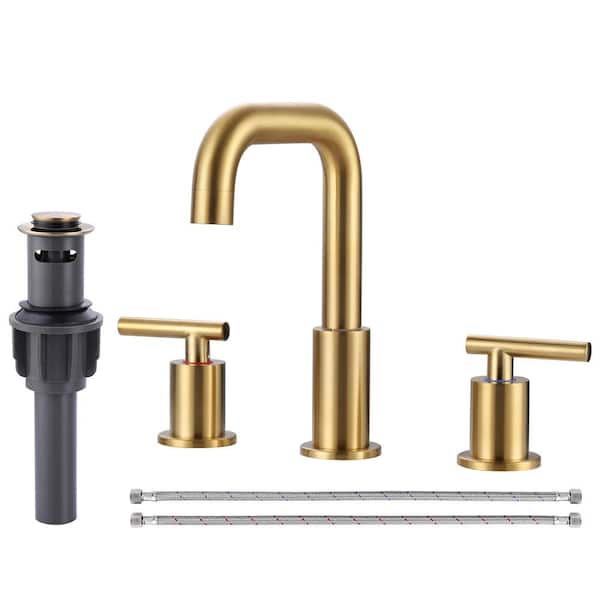IVIGA 8 in. Widespread Double Handle Bathroom Faucet with Pop Up Drain and cUPC Certified Supply Lines in Brushed Gold