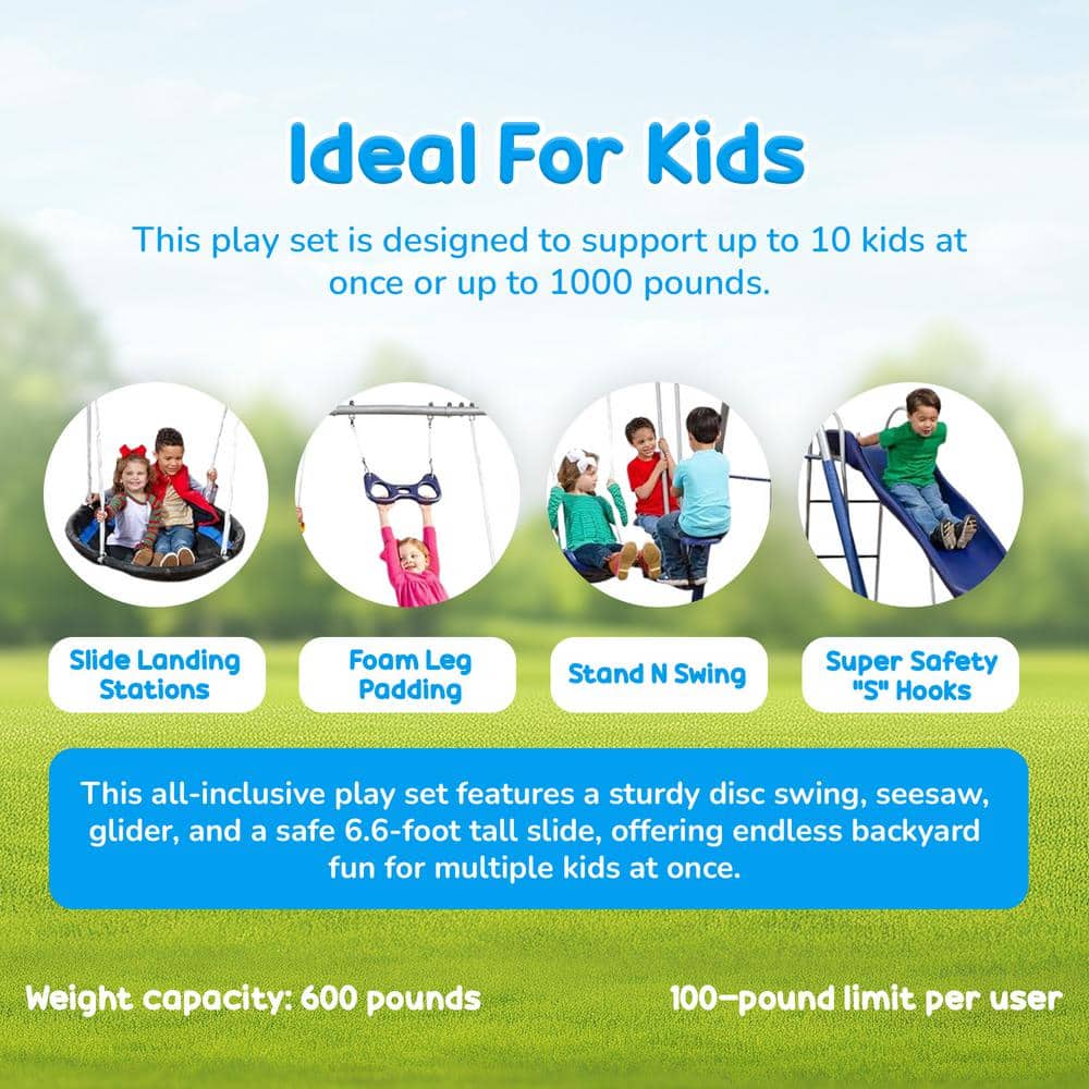 XDP Recreation Fun All Mighty Blue and Silver Metal Swing Set with Slide and Multiple Swings
