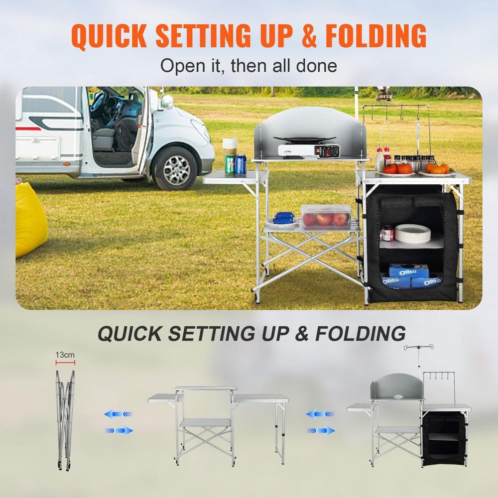 Black Aluminum Folding Camping Kitchen Table with Storage and Windscreen