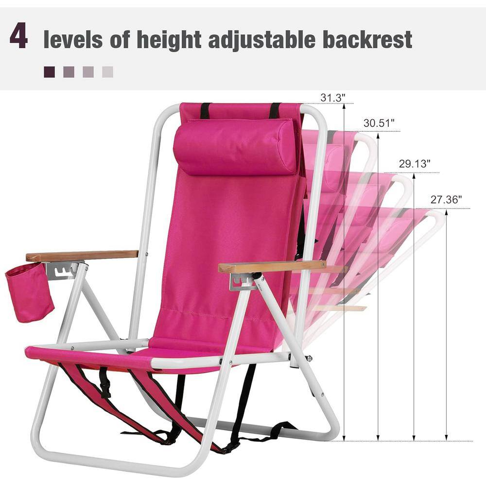 Pink Stainless Steel 4-Position Folding Beach Armchair Set