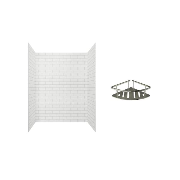 Passage 60 in. x 72 in. 2-Piece Glue-Up Alcove Shower Wall with Corner Shelf in White Subway Tile