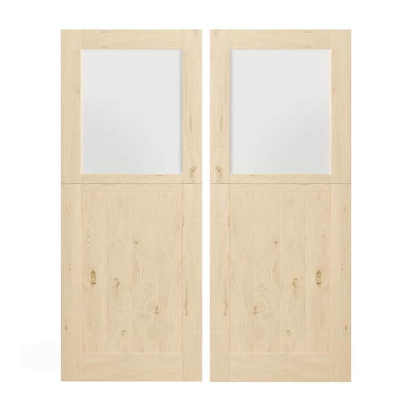 TENONER 64 in. x 80 in. Finished Dutch Door, Half Bore Frosted Glass Split Interior Door Slab with Natural Pine Wood Color