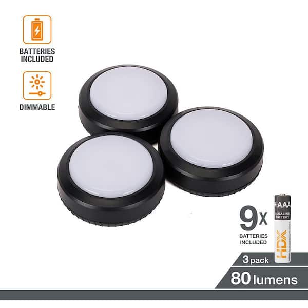 3 in. Battery Powered 5000K Integrated LED Black Puck Light, Dimmable (3-Pack)