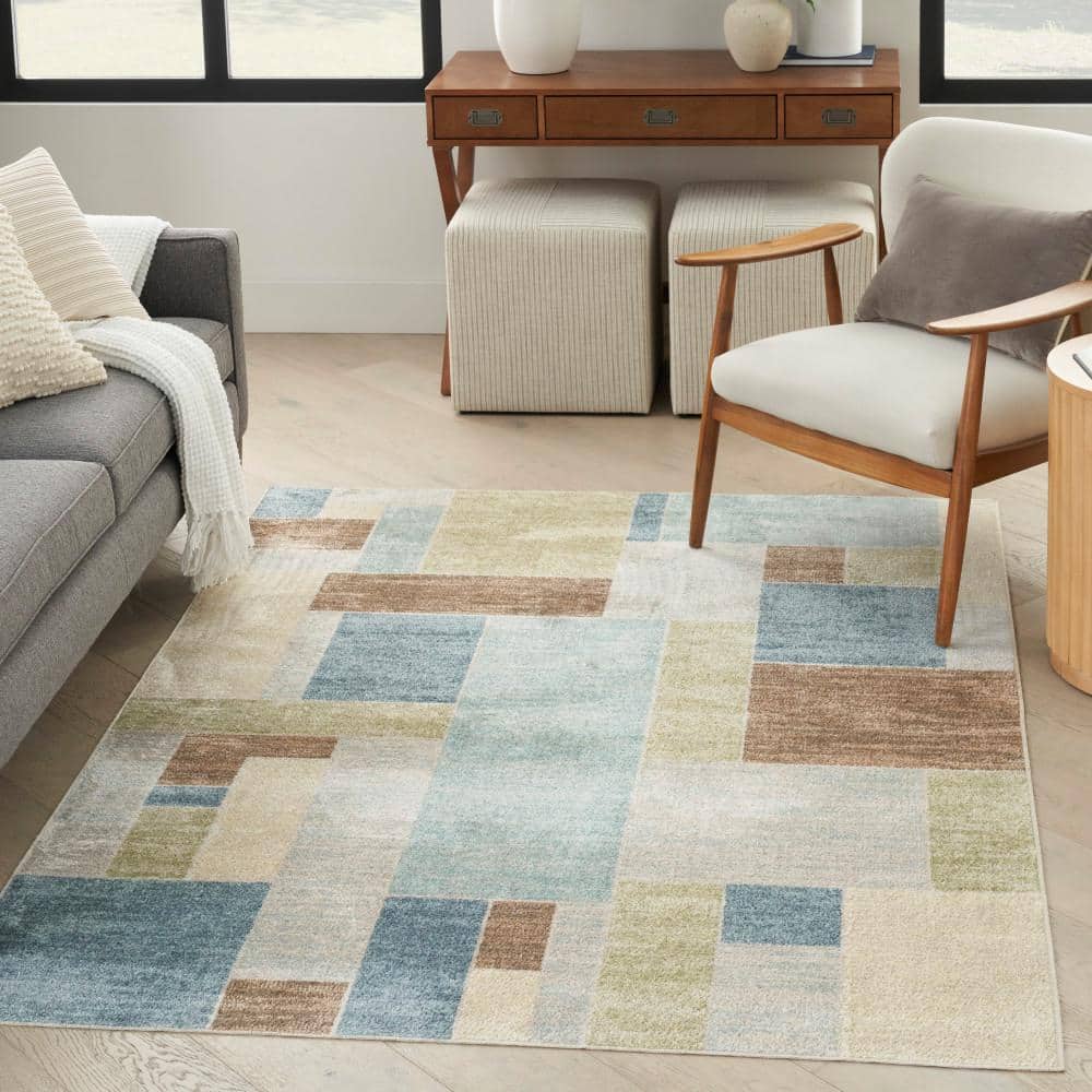 Blue Green Multi Rectangular Washable Synthetic Rug