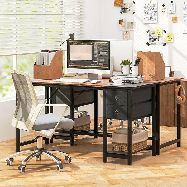 Gymax 55 In. Rectangular Rustic Brown and Black Wood 2 Drawer Home Office Desk Computer Workstation with Shelf GYM13071 The Home Depot