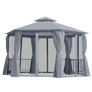 13 ft. x 13 ft. Hexagon Steel Gazebo Canopy in Gray with Double Roof with Netting and Curtains for Patio Garden Lawn