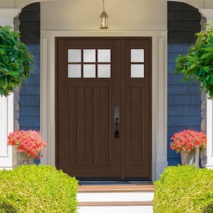 Regency 51 in. x 80 in. 6-Lite Top Lite Clear Glass LHIS Hickory Mahogany Fiberglass Prehung Front Door 12 in. Side Lite