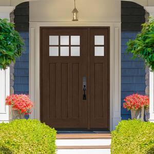 Regency 51 in. x 80 in. 6-Lite Top Lite Clear Glass RHOS Hickory Mahogany Fiberglass Prehung Front Door 12 in. Side Lite