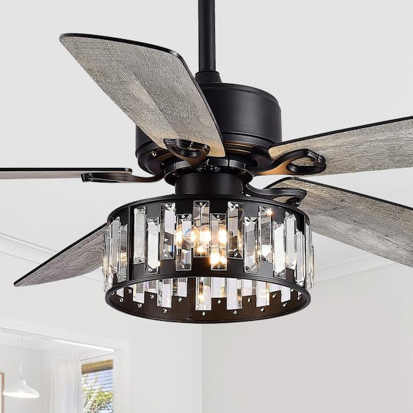Ralap 52 in. Indoor Chandelier Black Ceiling Fan with Crystal Light Kit and Remote Control
