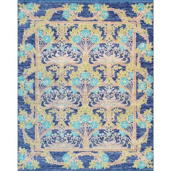 Pasargad Home Oushak Blue 8 ft. x 10 ft. Floral Wool Area Rug
