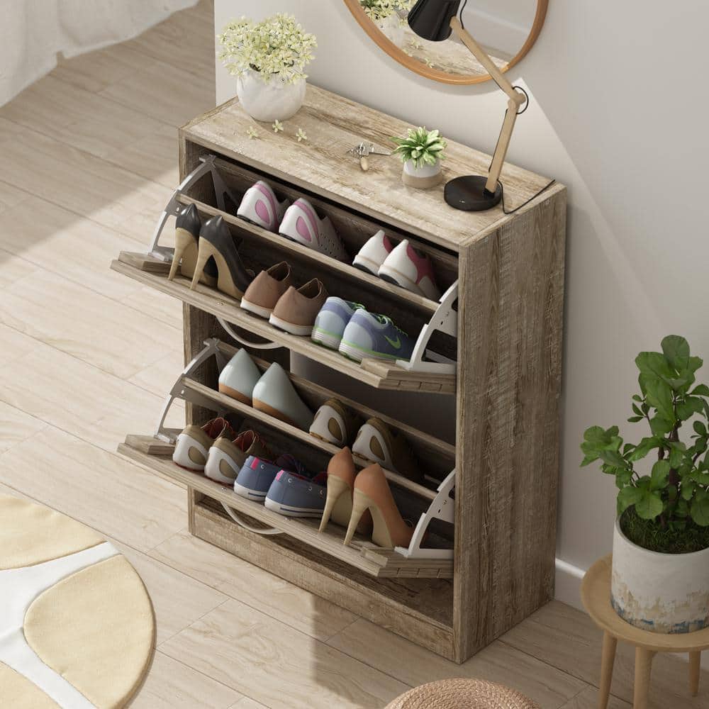 Natural Wood Shoe Storage Cabinet with Louver Doors and Flip Drawers
