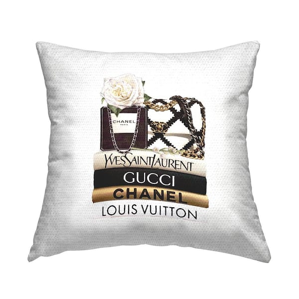 Stupell Industries Elegant Glam Fashion Floral Bag on Bookstack Black Square Outdoor Throw Pillow