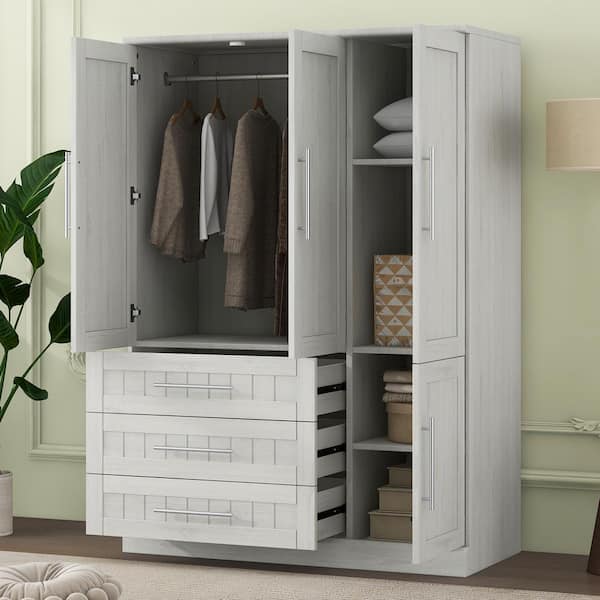 4-Door White Wood 47.2 in. Wardrobe Armoire Closet with 3-Drawers