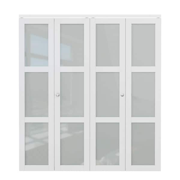 72 in. x 80 in. Solid Core Primed 3-Lite White Tempered Frosted Glass Wood Closet Bi-Fold Door with Hardware