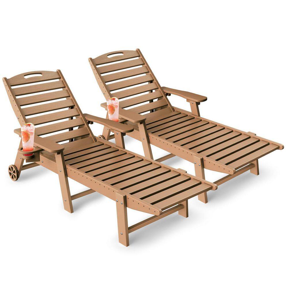 Lounge Chair Ourdoor with 6-Position Adjustable Back, HDPE Patio Chaise with Wheels and Cup Holder, Teak, 2 Pack price history on PriceWatchPro