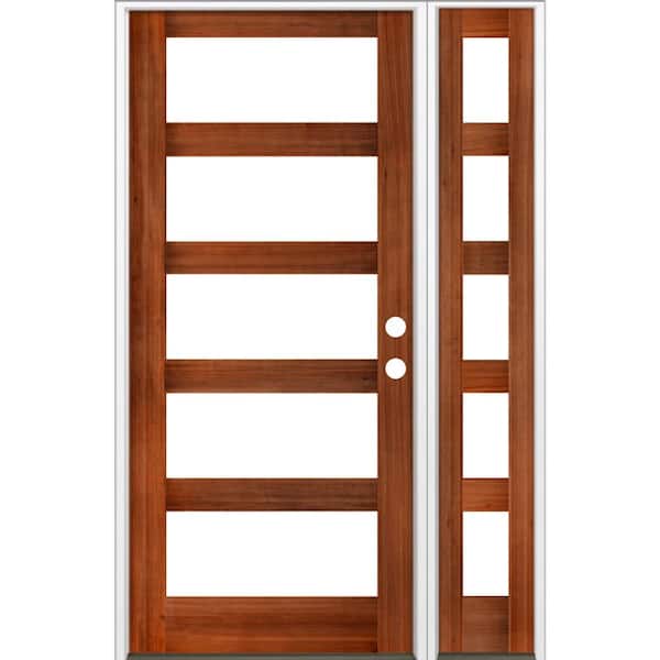 Krosswood Doors 56 in. x 96 in. Modern Hemlock Left-Hand/Inswing 5-Lite Clear Glass Red Chestnut Stain Wood Prehung Front Door