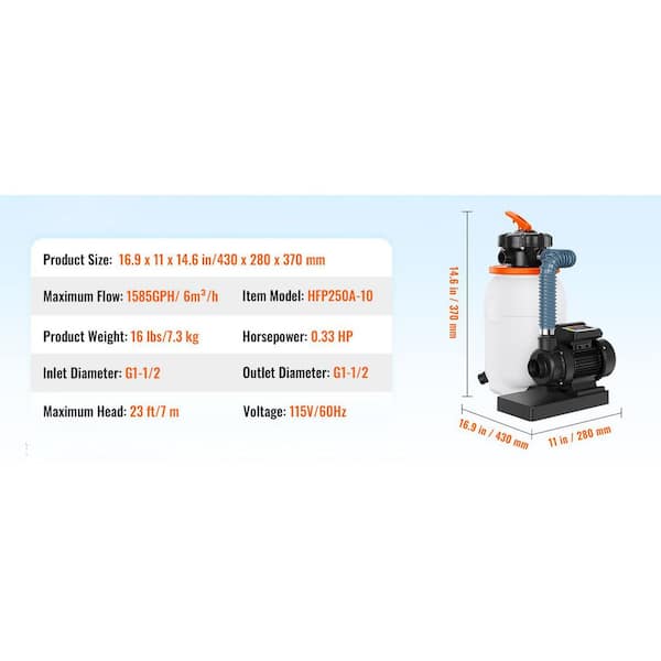 Sand Filter Pump for Above Ground Pools 10in. 1585 GPH 0.33 HP 23sq.ft. Swimming Pool Pumps System and Filters Combo Set