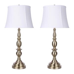27.5 in. Modern Brass Table Lamps with Balustrade Design and Off-White Linen Shades with Trim and Piping (2-Pack)