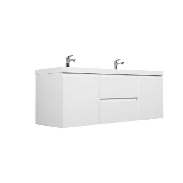 60 in. W Floating Double Sink Bath Vanity in Glossy White with Gloss White Resin Top
