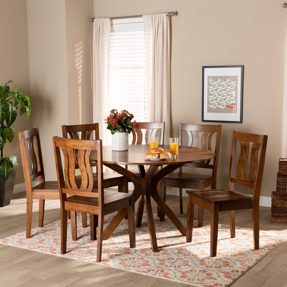 Walnut Brown Geometric Cut-Out 7-Piece Dining Set with Scoop Seats