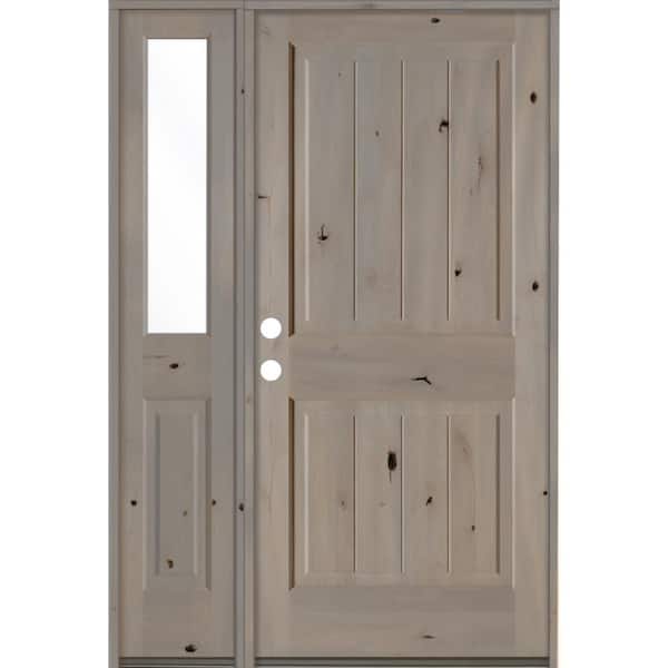 Krosswood Doors 50 in. x 80 in. Rustic Knotty Alder 2 Panel Right-Hand/Inswing Clear Glass Grey Stain Wood Prehung Front Door w/Sidelite