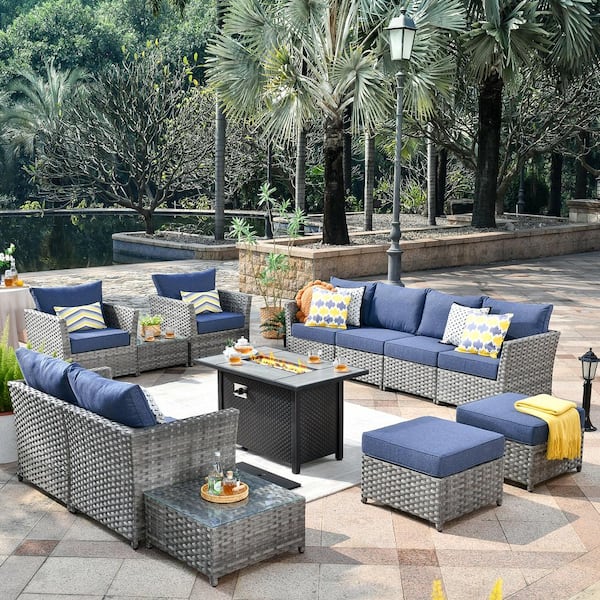 Toject Eufaula Gray 13-Piece Wicker Modern Outdoor Patio Fire Pit Conversation Sofa Seating Set with Denim Blue Cushions