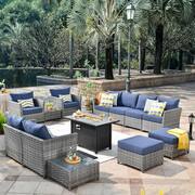 Eufaula Gray 13-Piece Wicker Modern Outdoor Patio Fire Pit Conversation Sofa Seating Set with Denim Blue Cushions