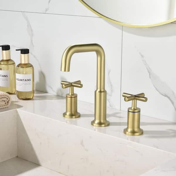Tria 8 in. Widespread Double Handle Bathroom Faucet 3 Hole Bathroom Sink Faucet with Cross Handles in Brushed Gold