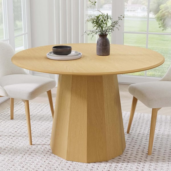 Lirago Round Oak Wood 46 in. Column Base Dining Table Seats 4