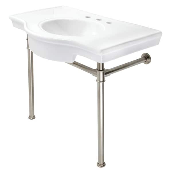Kingston Brass Templeton Ceramic Console Sink White Basin with Stainless Steel Leg in Brushed Nickel