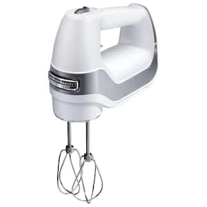 Professional 5-Speed White Hand Mixer with Stainless Steel Attachments and Snap-On Storage Case